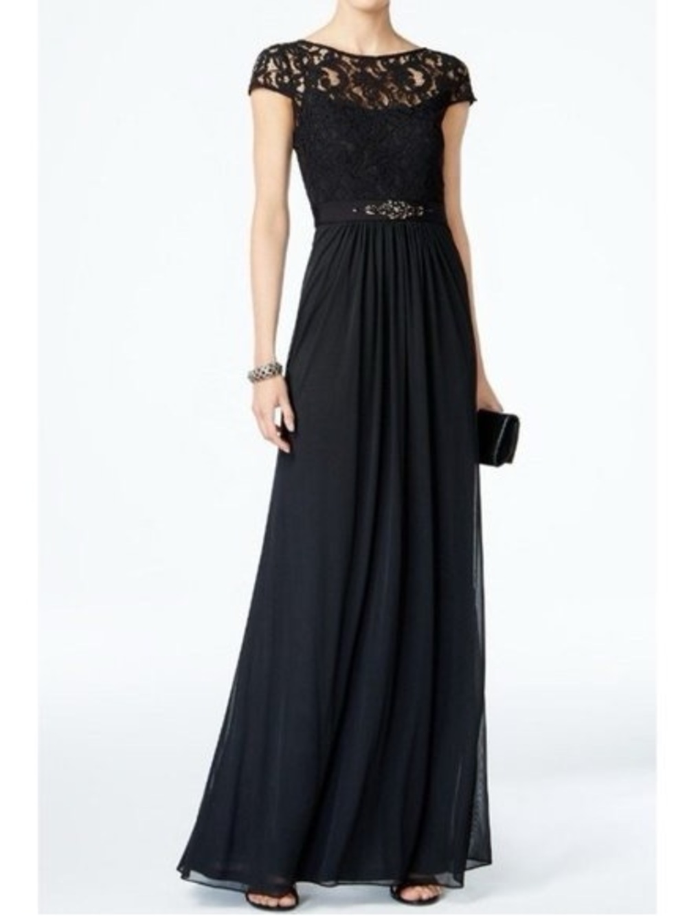 Adrianna Papell Size 6 Black Lace Chiffon Formal Evening Gown NWT GALA MOB